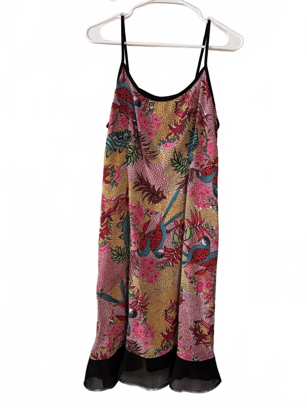 Vintage Slip Dress Womens Size L Multicolor Tropical Bird Floral Midi